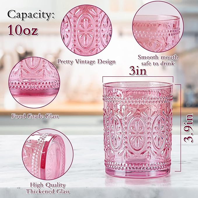 abrwyy Pink Glassware set of 4, Vintage Drinking Glasses, 10oz Pink Heavy Duty Glass Cups, Old Fashioned Glass, Embossed Glasses Set for Party Wedding Home Office Glassesware Gift - Image 2