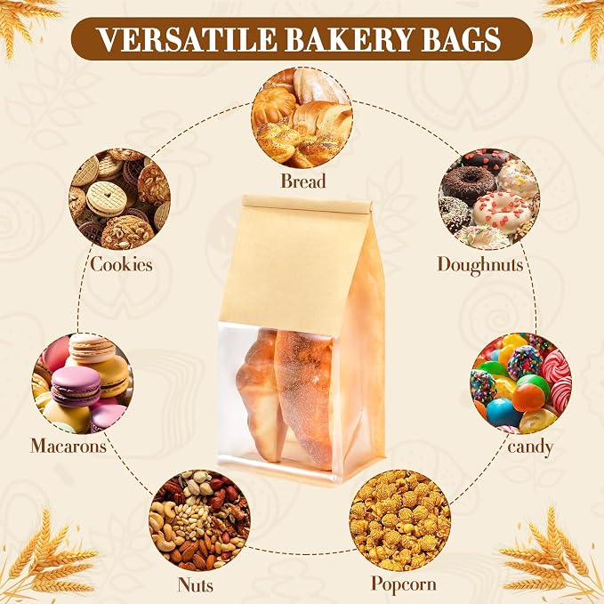 150 Pack Kraft Paper Bakery Bags with Window, 4.3x8.7x11 Inches Tin Tie Tab Lock Resealable Bread Bags for Homemade Bread, Loaf, Pastry, and Food Storage - Image 4