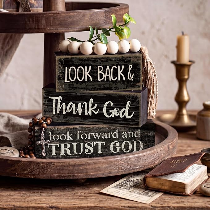 Moucuny 4 Pcs Farmhouse Table Decor Inspirational Wooden Signs Rustic Eucalyptus Leaves Wooden Block Sign Gift Thank and Trust God Farmhouse Table Centerpiece for Living Room Housewarming Gift - Image 5