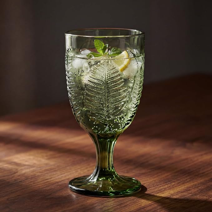 Green Glass Goblets Set of 4, Colored Wine Glasses, Vintage Fern Glassware | Hand-Pressed, Dishwasher Safe, Boho Leaf-Textured Drinkware, Embossed Stemware for Water, Cocktails, Retro Style Kitchen Gift - Image 5