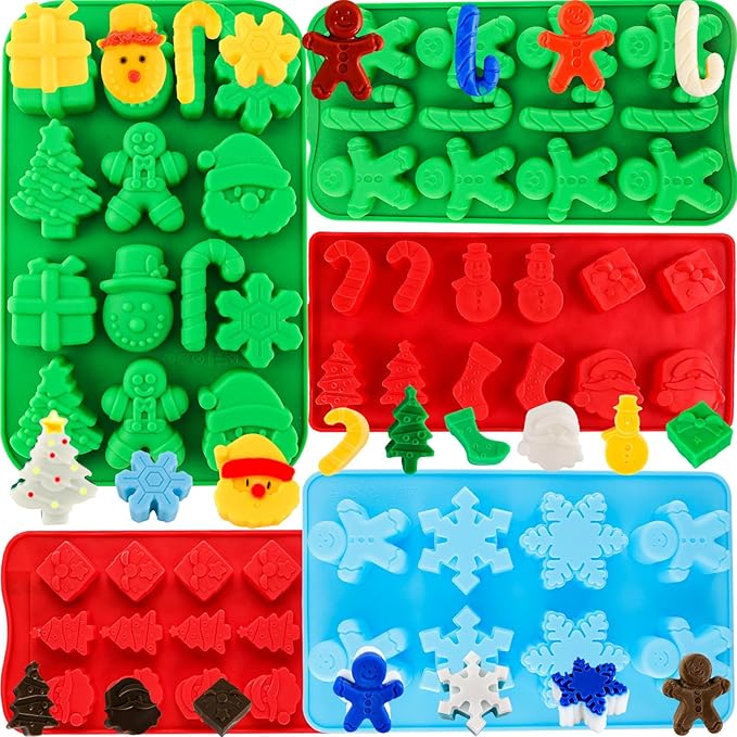 Christmas Silicone Molds Christmas Chocolate Molds Candy Molds for Baking Sweet Treats,Cake Xmas Gift Handmade Soap Candles with Shape of Christmas Tree, Santa Head Party Decoration Red,Green,Blu