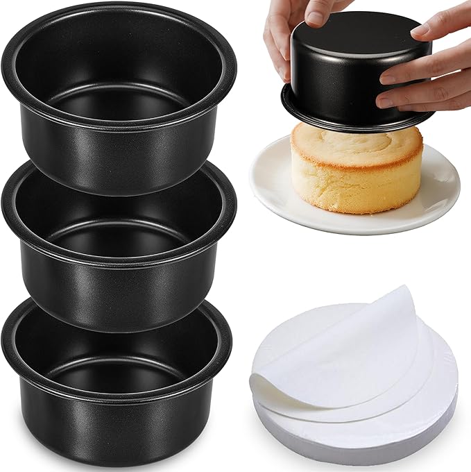 4 Inch Cake Pan, 3PCS Nonstick Small Cake Pans with 100PCS Parchment Paper | Mini Cake Pans for Christmas Birthday, Round Smash Cake Pans Tin for Layer Cakes Cheesecake, Straight Side & Dishwasher Safe by AWTBDP
