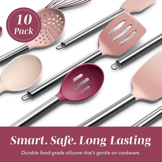 COOK WITH COLOR Silicone Cooking Utensils, Kitchen Utensil Set, Easy to Clean Silicone Kitchen Utensils, Cooking Utensils for Nonstick Cookware, Kitchen Gadgets Set, 10 Pieces, Rose - Image 3