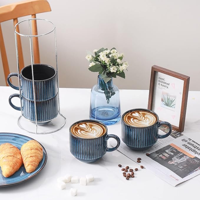 HASENSE 15 Oz Ribbed Stackable Coffee Mug Set of 4, Ceramic Latte Cups with Metal Stand, Dishwasher & Microwave Safe, Navy Blue for Cappuccino Tea Hot Cocoa - Image 5