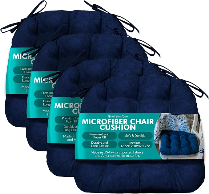 Barnett Home Decor Microsuede Dining Chair Cushions with Ties, 16.5 x 18 Inches, Pack of 4 – Machine Washable, Reversible with Plush Latex Foam Fill for Comfortable Seating – Royal Blue by BarnettHomeDecor