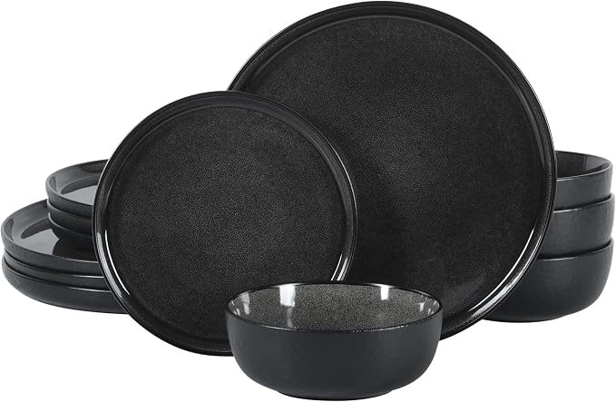 Gibson Elite Tahoe Sunset 12 Piece Stoneware Reactive Glaze (Service for 4) Ceramic Plates and Bowls Dinnerware Set - Black by GibsonHomewares
