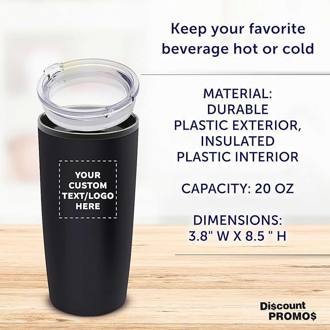 Custom Plastic Tumblers 20 oz Set of 6/12/24 Personalized Bulk Pack with Lids, Ice Coffee Tumbler, To Go Cup Insulated - Black