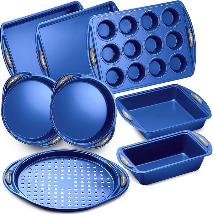 Caliente Nonstick Bakeware Set of 8 | Premium Baking Sheets, Loaf & Bread Baking Pans, Pizza, Roasting & Cake Pans | Durable Carbon Steel Baking Set | Housewarming, Wedding, Chefs & Bakers Gift by CALIENTE+HOME
