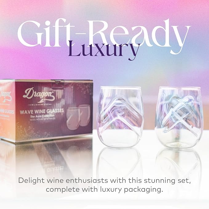 Dragon Glassware Stemless Wine Glasses, 16 oz Set of 2 - Iridescent | Short Wine Glasses Set of 2 with Finger Indentations; Aerates Naturally; Standard Width Design; Unique Drinkware - Image 6