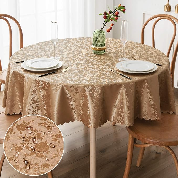 Smiry Round Waterproof Heavy Duty Vinyl Tablecloths, 70 x 70 Inch | Wipeable Washable Floral Embossed Table Cover for Kitchen and Dining Room, Indoor & Outdoor Use, Brown by Smiry