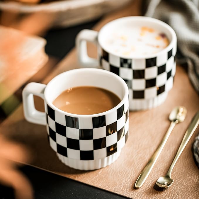 Miamolo Stackable Coffee Mug Set of 4 with Rack and Spoons, Space-saving | 11 oz, Ceramic | Checkered Black and White Pattern | for Coffee Tea Cocoa Milk, Housewarming Gift | Dishwasher Microwave Safe - Image 7