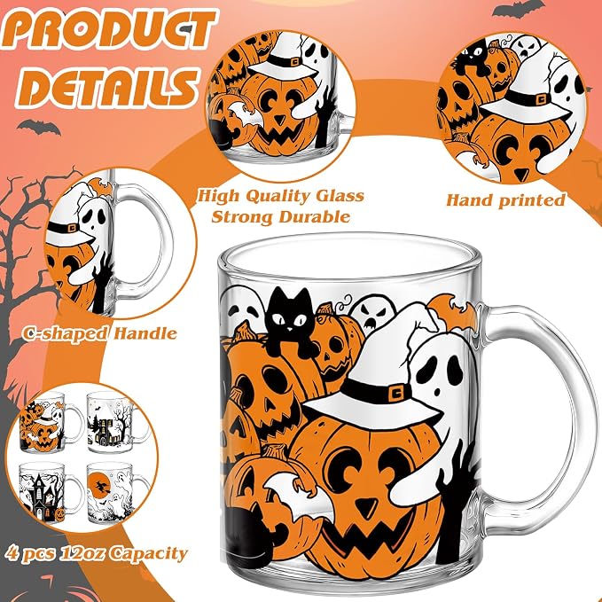 Tioncy 4 Pcs Halloween Ghost Coffee Mugs 12 oz Scary Pumpkin Glass Cups with Handle Spooky Coffee Cup Black Cat Horror Gifts Drinking Containers for Halloween Holiday Party Drinkware Accessories - Image 3