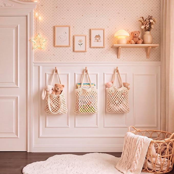 Honeydak Boho Decor Hanging Wall Baskets for Kitchen 3 Pack Teardrop Baskets with Hooks Storage Fruit Onion Vegetable Potato for Home(White,Mesh,Cotton Rope) - Image 2
