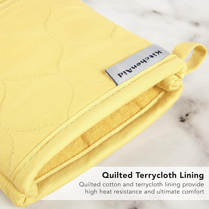 KITCHENAID Quilted Cotton Terry Cloth Oven Mitt, Pot Holder, Kitchen Towel 4-Pack Set, Heat Resistant, Silicone Grip, 16"x26", 7"x13" & 7"x10", Butter Yellow - Image 9