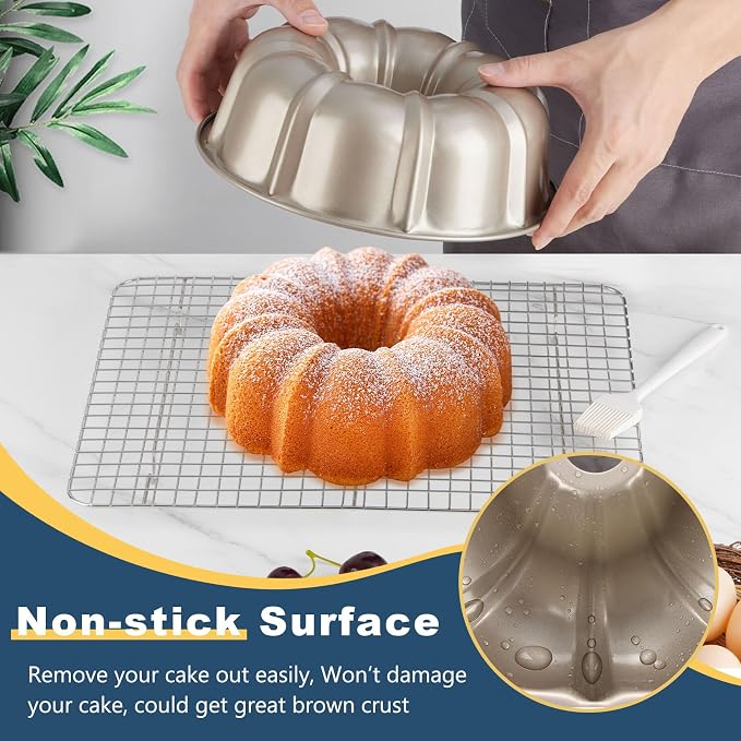 P&P CHEF 10 Inch Light Gold Non-stick Cake Pan, Carbon Steel, 1 Piece | Fluted Tube Round Baking Pan for Pound Cake, 10-Cup Large Capacity Bakeware, Healthy & Heavy Duty - Image 4