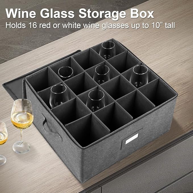 popoly Stemware Storage Cases 2 Pack, Wine Glass Storage Box Containers | Glassware Storage Containers for Glassware or Crystal, Holds 32 Red or White Wine Glasses, Hard Top and Stackable (Grey) - Image 2