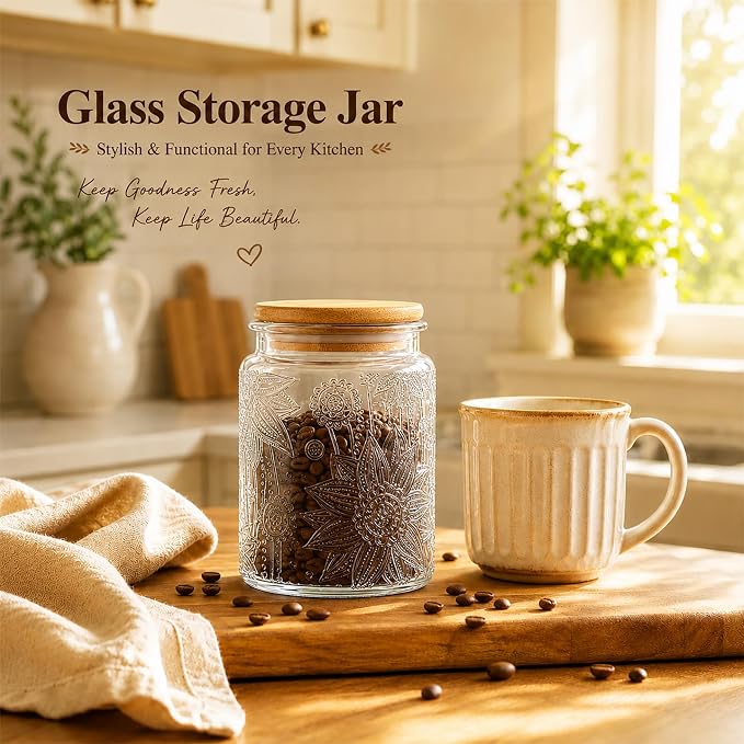 Vintage Glass Jars With Lids, 23.7oz Airtight Food Storage Containers,Kitchen Canisters For Sugar, Coffee, Tea, Spice, Flour, Candy Cookie, Pasta, Cereal, Cute Decorative Jars(Sunflower*1) - Image 8