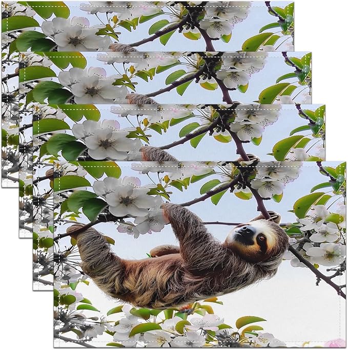 Feelyou Kids Cute Sloth Placemats Set of 4 18"x12" Kawaii Animal Table Place Mats Decor Cartoon Cherry Blossoms Placemat for Kitchen Dining Table Wild Animal Indoor Outdoor Decor Table Mats by Feelyou