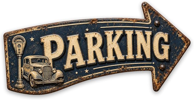 Parking Right-Pointing Arrow Sign — Die-Cut Metal Directional Wall Decor | powder-coated metal, vintage, durable print, ready to hang by MRC+Wood+Products