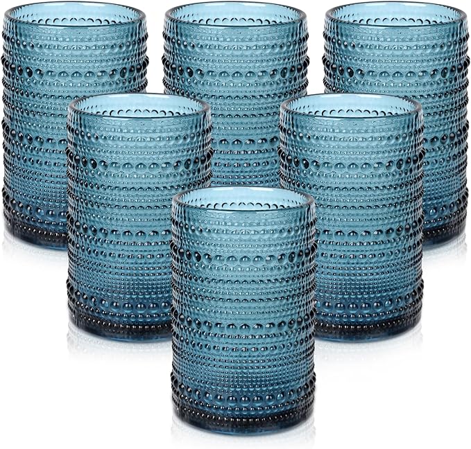 ZMOWIPDL Drinking Glasses Set of 6,15 oz Blue Hobnail Glass Cups | Vintage Glassware，Embossed Water Tumbler,for Beer,Cocktail,Whiskey,Juice and Various Mixed Drinks- 1 Cleaning Brush by ZMOWIPDL