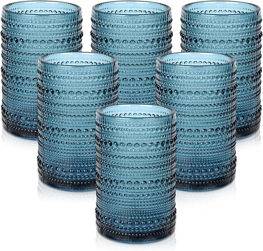 ZMOWIPDL Drinking Glasses Set of 6,15 oz Blue Hobnail Glass Cups | Vintage Glassware，Embossed Water Tumbler,for Beer,Cocktail,Whiskey,Juice and Various Mixed Drinks- 1 Cleaning Brush by ZMOWIPDL