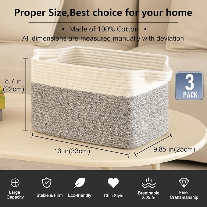 OIAHOMY 3 Pack Storage Basket for Organizing, 13''X9.85''X8.7'' Storage Bins,Woven Basket Basket with Handles, Toy Storage Basket Bin,Stylish Room Decor Basket, White & Grey variegated - Image 3
