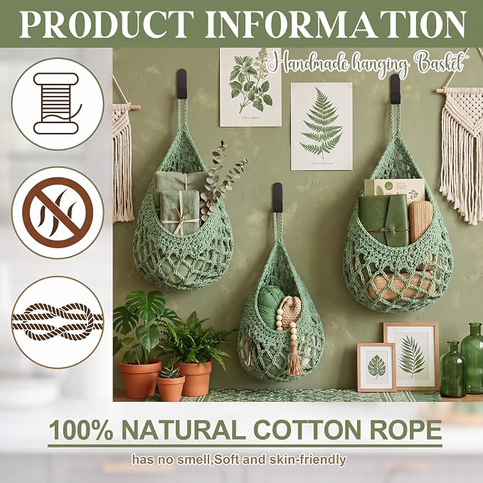 Honeydak Boho Decor Hanging Wall Baskets for Kitchen 3 Pack Teardrop Baskets with Hooks Storage Fruit Onion Vegetable Potato for Home(Sage Green,Crochet,Cotton Rope) - Image 3