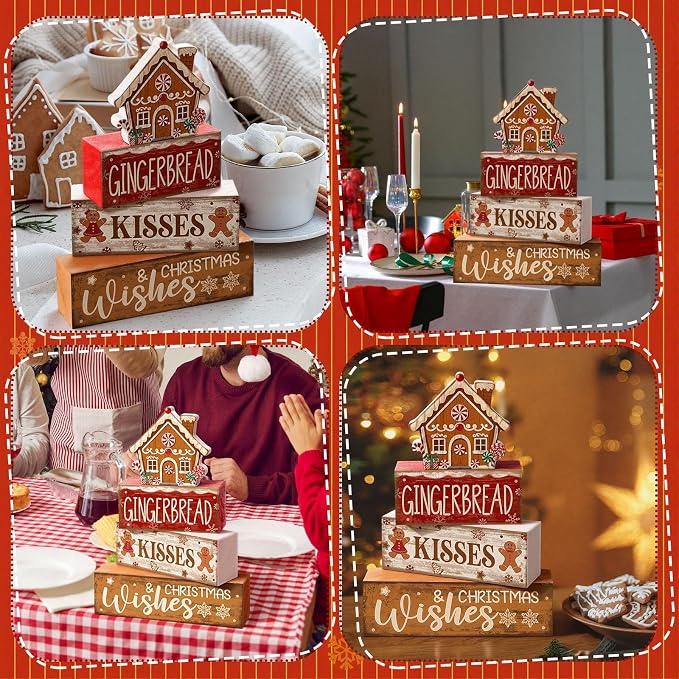 Moucuny 4 Pcs Christmas Table Decoration Gingerbread House Wooden Stacked Block Decor Gingerbread Centerpiece Block Signs Rustic Christmas Tiered Tray Decoration for Home Kitchen Coffee Bar - Image 7