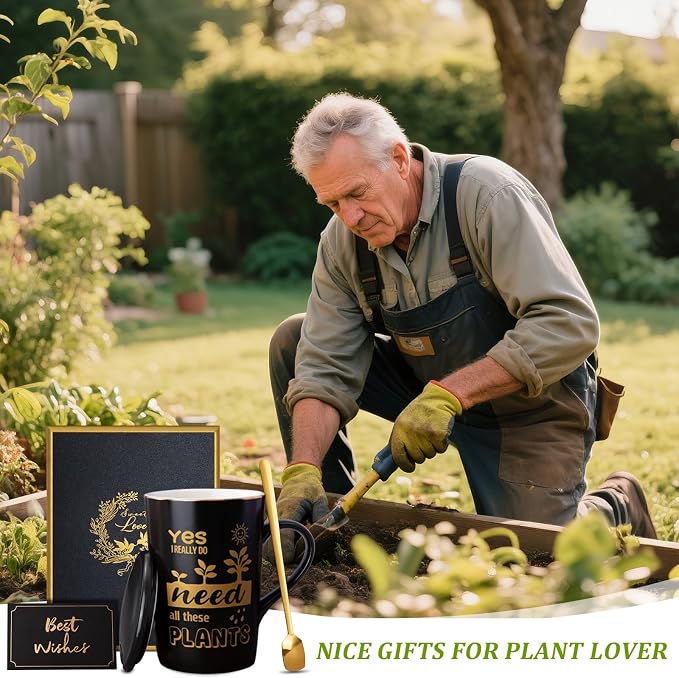 Biching Gardening Gifts for Women Men - Cool Plant Lover Gifts Coffee Mug | Garden Gifts for Gardeners, Plant Lady, Mom, Dad, Son - 14oz Black Ceramic Mug with Gold Print Lid Spoon Card Luxury Gift Box - Image 6
