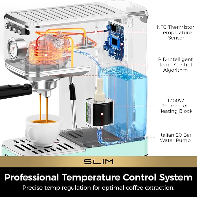 CHULUX Slim Espresso Machine with Milk Frother for Home Latte, Pastel Green | Precise Pressure Gauge, Food-Grade Materials, 20 Bar Italian Pump, Professional Temperature Control System, Stainless Steel - Image 4