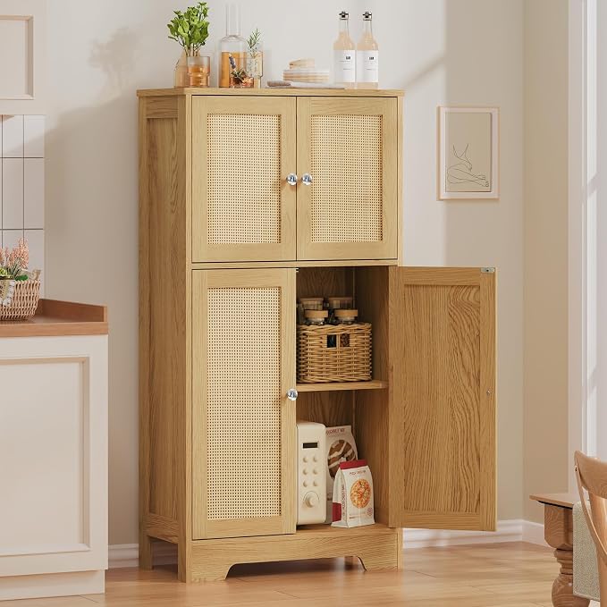 TEENFON Storage Cabinet, Rattan Cabinets with 2 Adjustable Shelves & 4 Doors, Bathroom Cabinet, Cupboard, Floor Cabinets for Living Room, Entryway, Kitchen, Home Office, Natural - Image 5
