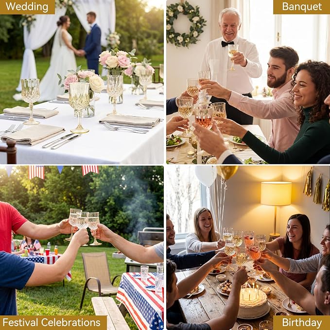 Sliner 48 Pcs 7oz Plastic Vintage Wine Glasses Drinking Goblets Unbreakable Crystal Water Glassware Reusable Diamond Champagne Flutes Cups for Wedding Banquet Birthday Party Supplies (Gold Glitter) - Image 6