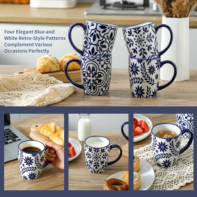 HASENSE 15OZ Coffee Mugs, Ceramic Coffee Mugs Set of 4 with Handle, Coffee Cups Ceramic with Blue and White Floral Patterns, Porcelain Mug Set for Coffee, Tea,Suitable for Home, Office, Vintage Blue - Image 3
