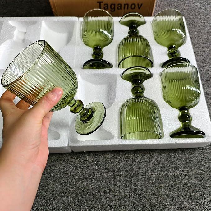 Taganov Green Drinking Glasses set of 6 Big Wine Goblets Vintage Colored Glassware 13 oz for Wedding Party Bar Vertical Line Embossed Pattern Stemmed Cups 400ml - Image 8