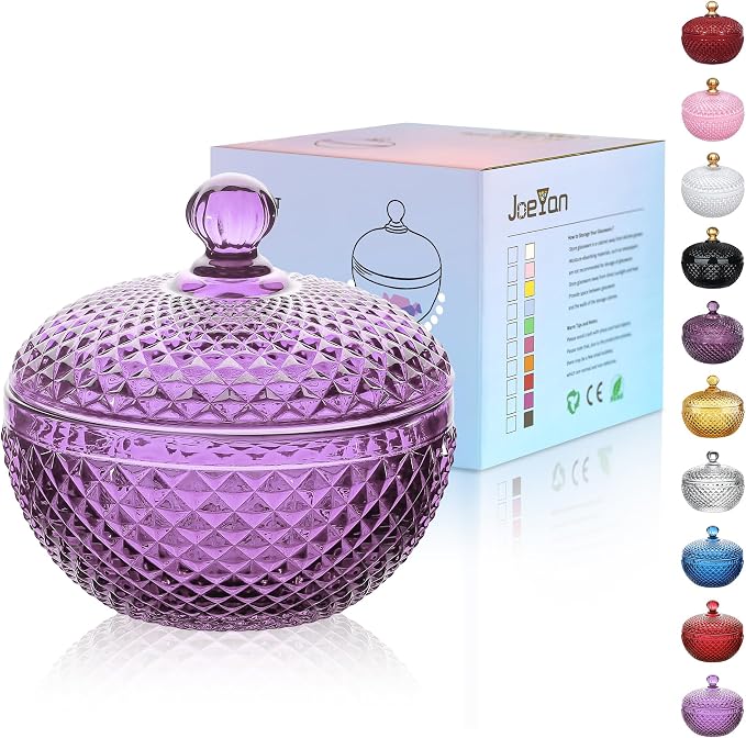 Joeyan 12 oz Small Purple Glass Jewelry Box Jars with Lid,Embossed Glass Candy Dishes,Diamond Faceted Food Container,Decorative Apothecary Canisters,Colored Kitchen Bathroom Buffet Storage Organizer by JoeyanHousehold