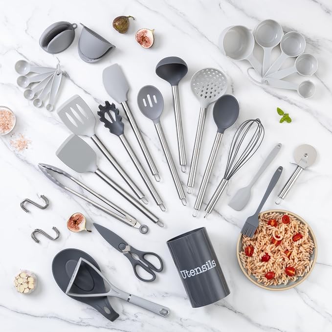 COOK WITH COLOR Silicone Cooking Utensils, Kitchen Utensil Set, Easy to Clean Silicone Kitchen Utensils, Cooking Utensils for Nonstick Cookware, Kitchen Gadgets Set, 38 Piece, Gray - Image 6