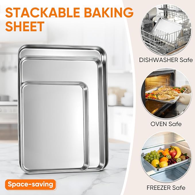 LIANYU Baking Sheet Pans, Half Sheet/Jelly Roll/Quarter Sheet, 3 Pack | Stainless Steel Cookie Sheet for Baking, 17.5/16/12.4 Inch Metal Tray, Heavy Duty, Dishwasher Safe, Non Toxic - Image 5