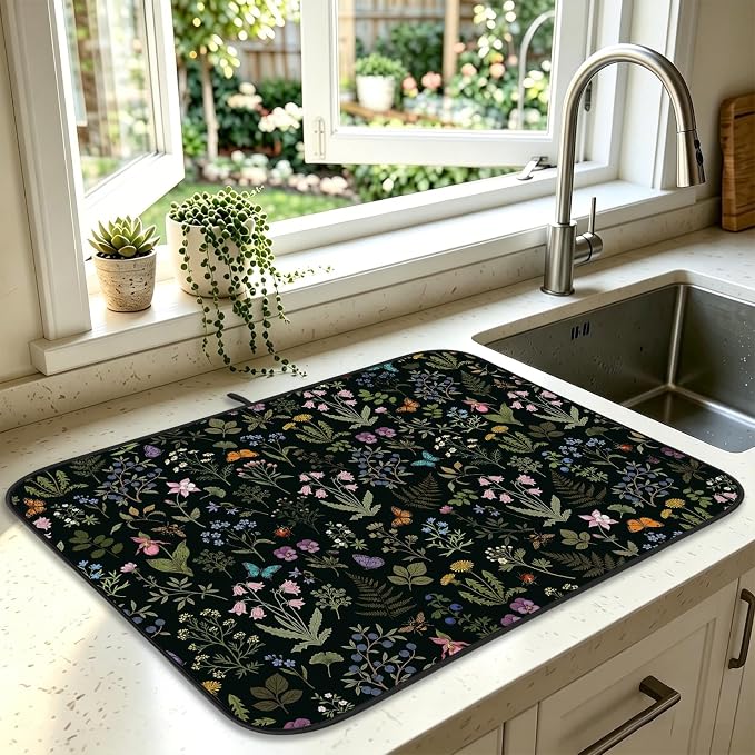 Forest Aesthetics Dish Drying Mat for Kitchen Counter Coffee Bar 18x24 in | Decorative Non Slip Absorbent Kitchen Dishes Drainer Mat, with Anti-slip Rubber Backing & Hanging Loop, for Sink, Home Gift by HiWelcometoMCIAONE