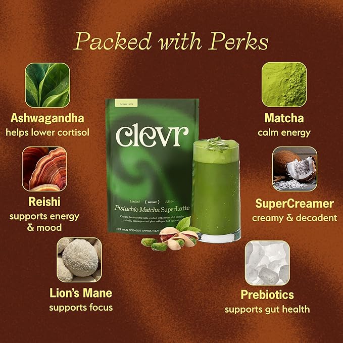 Clevr Blends Pistachio Matcha SuperLatte, Organic Ceremonial Grade, Instant Superfood Powder Blend with Lions Mane, Reishi Mushroom, Coconut Cream, Oat Milk, Ashwagandha, Serve Hot or Iced (14 Lattes)