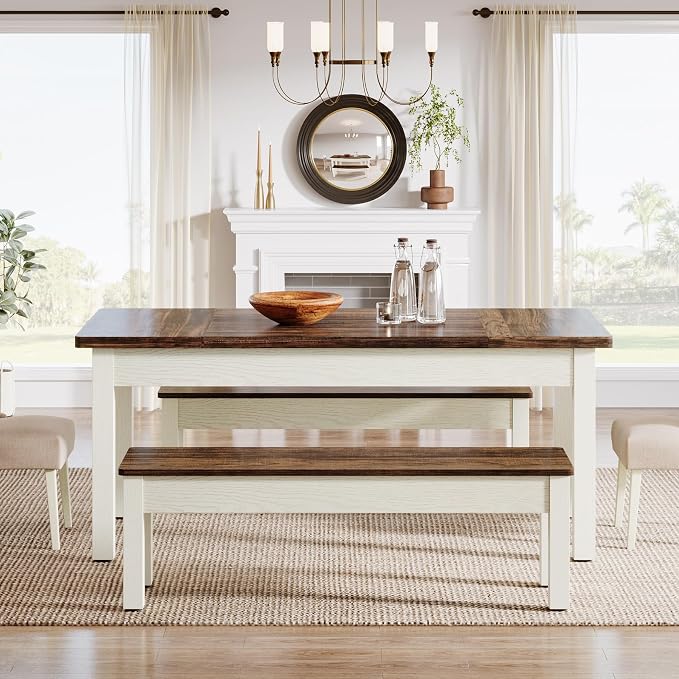 Tribesigns Farmhouse Kitchen Table Set for 4-6, 55-Inch Wooden Dining Table with 2 Benches, Space Saving 3 Pieces Heavy Duty Dinette for Dining Room, Kitchen, Small Space - Image 5