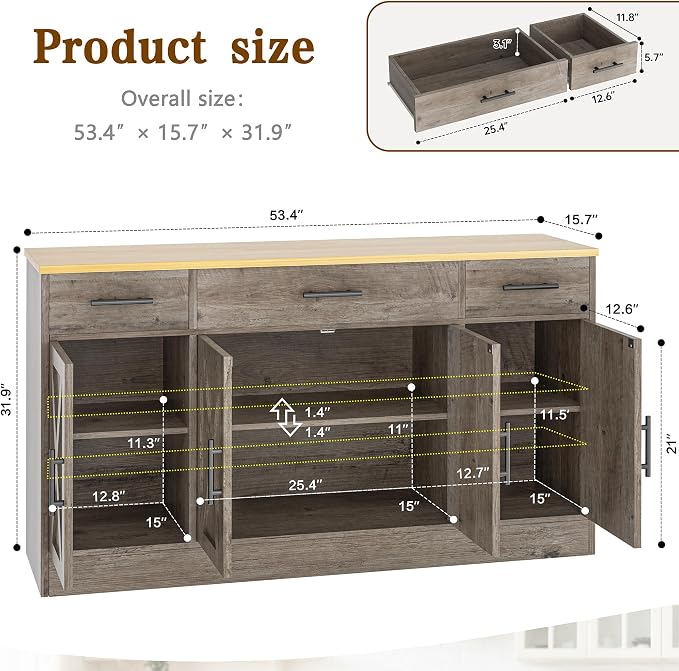 Vongrasig 53" Large Sideboard Buffet Cabinet With 4 Doors and 3 Drawers, Farmhouse Coffee Bar Kitchen Storage Cabinet, Wood Table for Kitchen, Dining Room, Ash Grey - Image 2