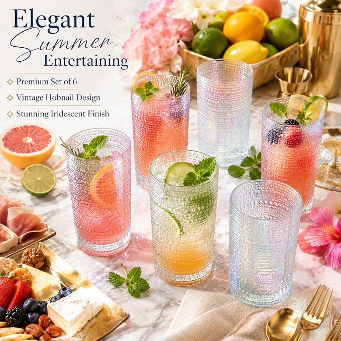 Hobnail Beaded Highball Drinking Tumbler Glasses | Set of 6 | Iridescent Pearl Vintage Bubble Design Glassware, Old-Fashioned, Embossed Design, Water, Wine, Cocktail Embossed Heavy Glass, Rocks Glass - Image 3