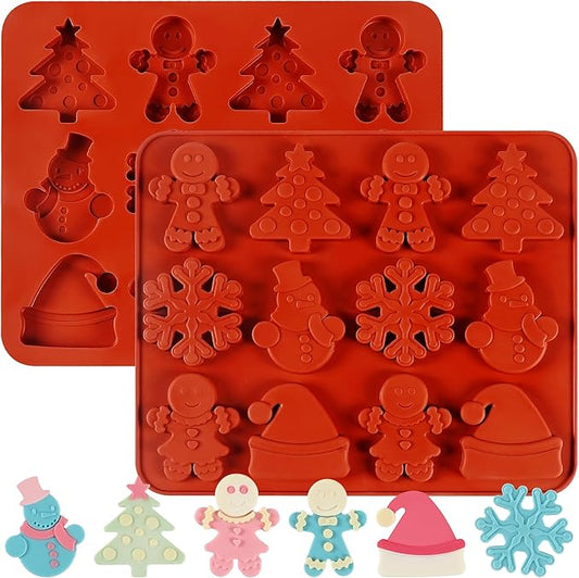 2Pcs Silicone Christmas Cookie Mold for Baking, Christmas Chocolate Cookie Molds Snowflake Snowman Christmas Hat Christmas Trees Gingerbread Man Shape Mold for Candies, Cookie, Wax Melts