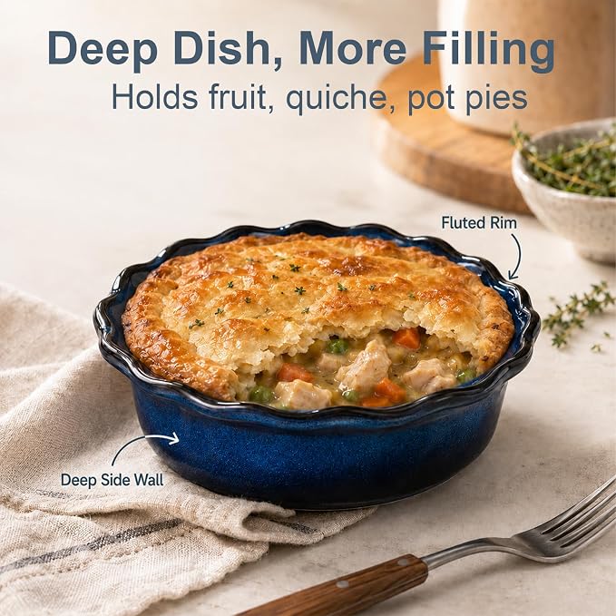 ONEMORE 6 Inch Ceramic Mini Pie Pans Set of 4, Deep Dish Pie Plates with Fluted Edges, Blue Gradient Small Baking Dishes for Pot Pies, Quiche, Tarts and Individual Desserts, Oven Safe - Image 7