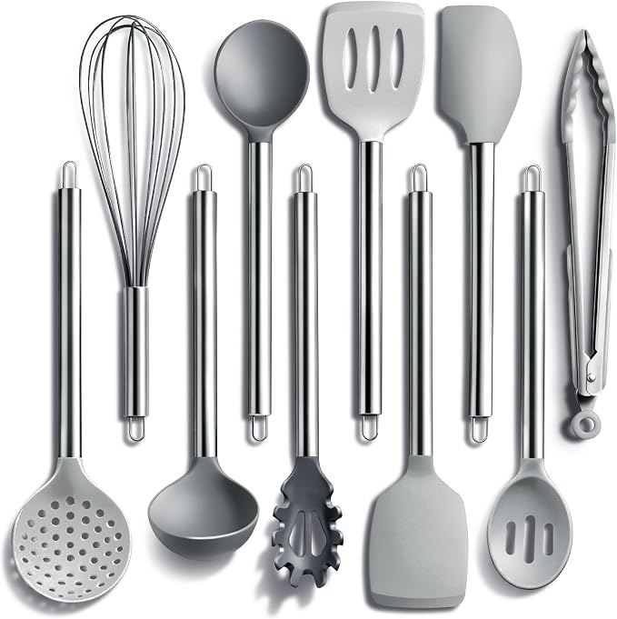 COOK WITH COLOR Silicone Cooking Utensils, Kitchen Utensil Set, Easy to Clean Silicone Kitchen Utensils, Cooking Utensils for Nonstick Cookware, Kitchen Gadgets Set, 10 Pieces, Grey Ombre by CookwithColor