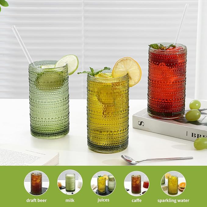16oz Green Hobnail Drinking Glasses with Straws Set of 12, Highball Glasses Cups, Kitchen Water Glasses Cup, for Cocktail, Juice, Whiskey, Milk and Various Mixed Drinks - Image 7