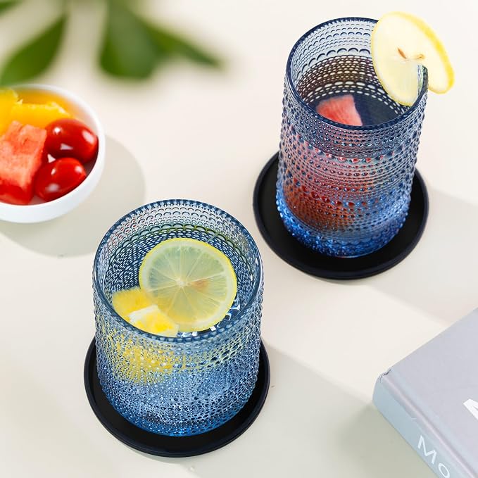 Hobnail Drinking Glasses Set of 12 with 6 Coasters, Blue | 6 Highball Glasses (14.5 oz), 6 Old Fashioned Glasses (10 oz) and 6 Silicone Coasters for Water, Whiskey and Cocktails - Image 8