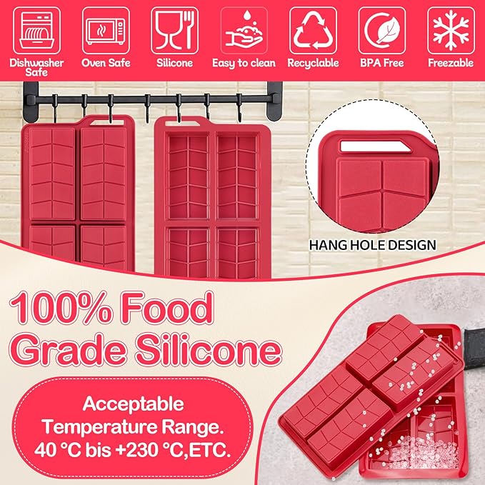 Chocolate Bar Mold 0.82inch Deep 2 Pack,Thick Dubai Stuffed Pistachio Silicone Molds Kit for Making Large Shapes Filling Candy Granola Bar and Pastry