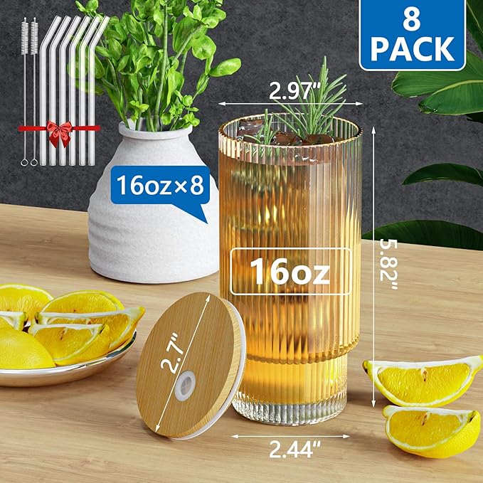 Glass Cups, 16OZ Vintage Glass Coffee Cups with Lids and Straws 8 Set, Vintage Glassware for Whiskey Cocktail Beer, Iced Coffee Cups with Lid, Glass Tumbler with Straw and Lid