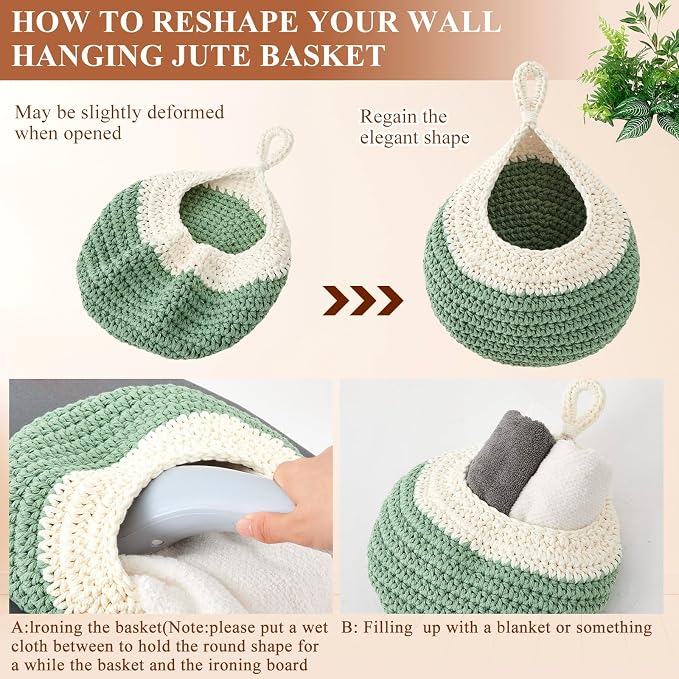 Honeydak Boho Decor Hanging Wall Baskets for Kitchen 3 Pack Teardrop Baskets with Hooks Storage Fruit Onion Vegetable Potato for Home 3 Sizes(White with Sage Green,Teardrop,Cotton Rope) - Image 4